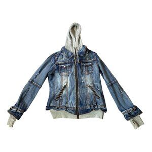 LA Coalition Womens Medium Denim & Gray Hooded Jacket With Distressed Details